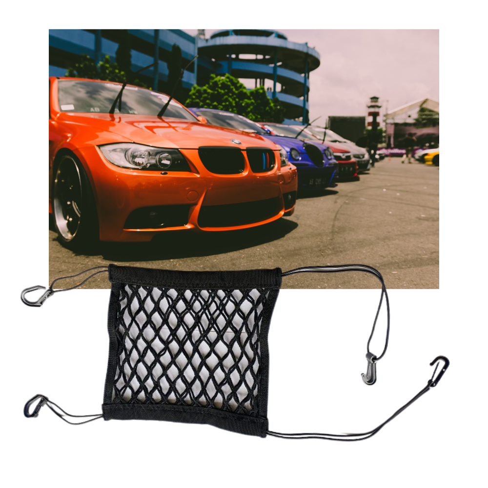 Filet elástico de armazenamento para carros, acessório de carregamento Mutocar com dois compartimentos para organização.