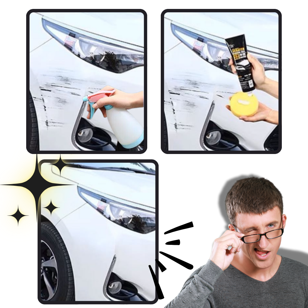 Efface-rayures de voiture Mybeauty pour entretien et décoration, montre la texture du produit appliqué en profondeur.