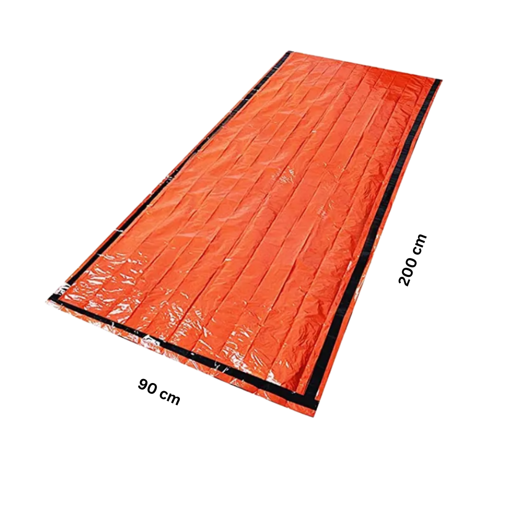 Saco de sobrevivência em Mylar da Emergency Zone para camping e caminhada, com dimensões visíveis na imagem.