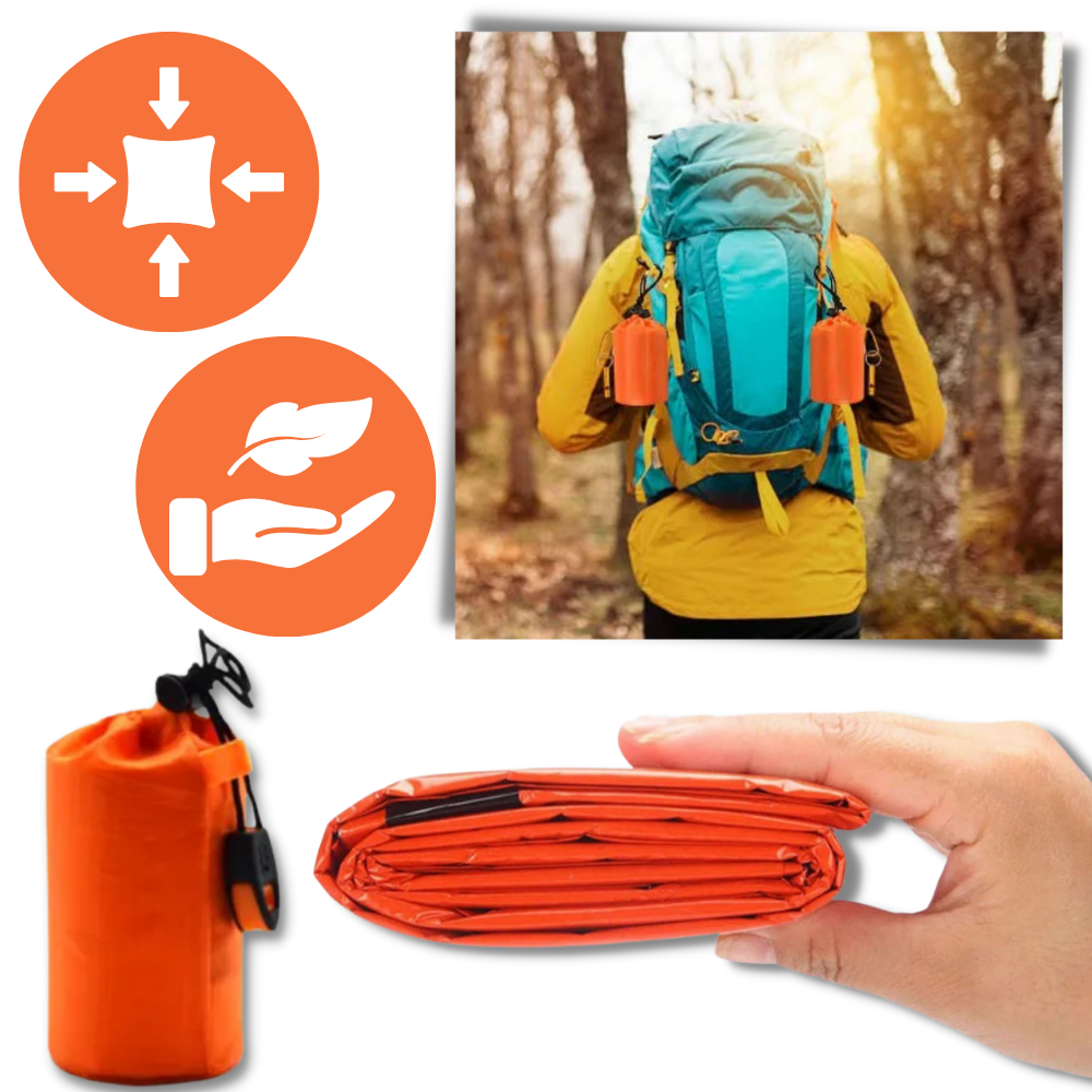 Saco de sobrevivência em Mylar da Emergency Zone para camping e trilhas, leve, compacto e refletivo, ideal para emergências.