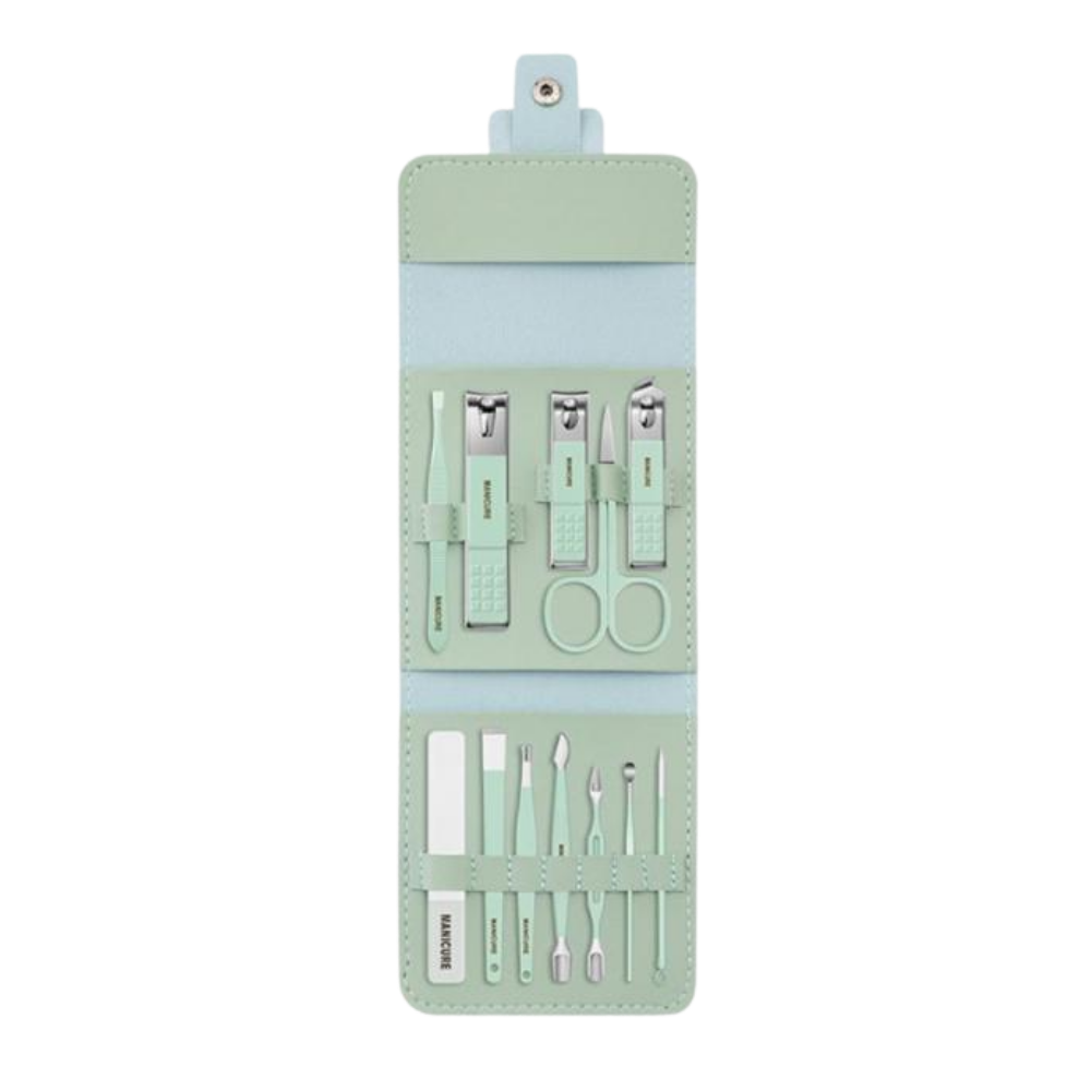 Conjunto de manicure portátil da Nafxzy com 12 peças, itens de cosméticos em embalagem verde-menta.