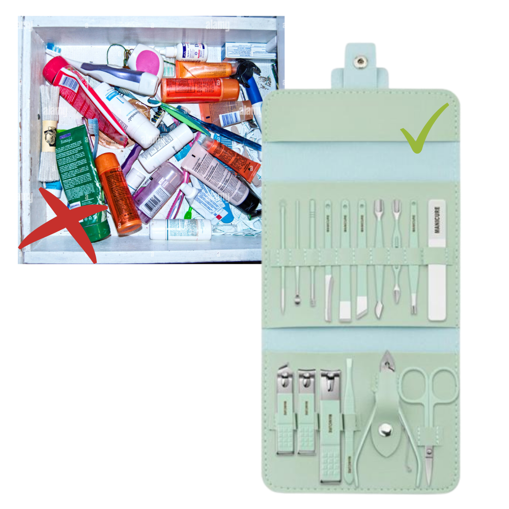 Conjunto de manicure portátil Nafxzy com 12 peças em estojo verde-menta, ideal para cuidados de beleza em viagem.