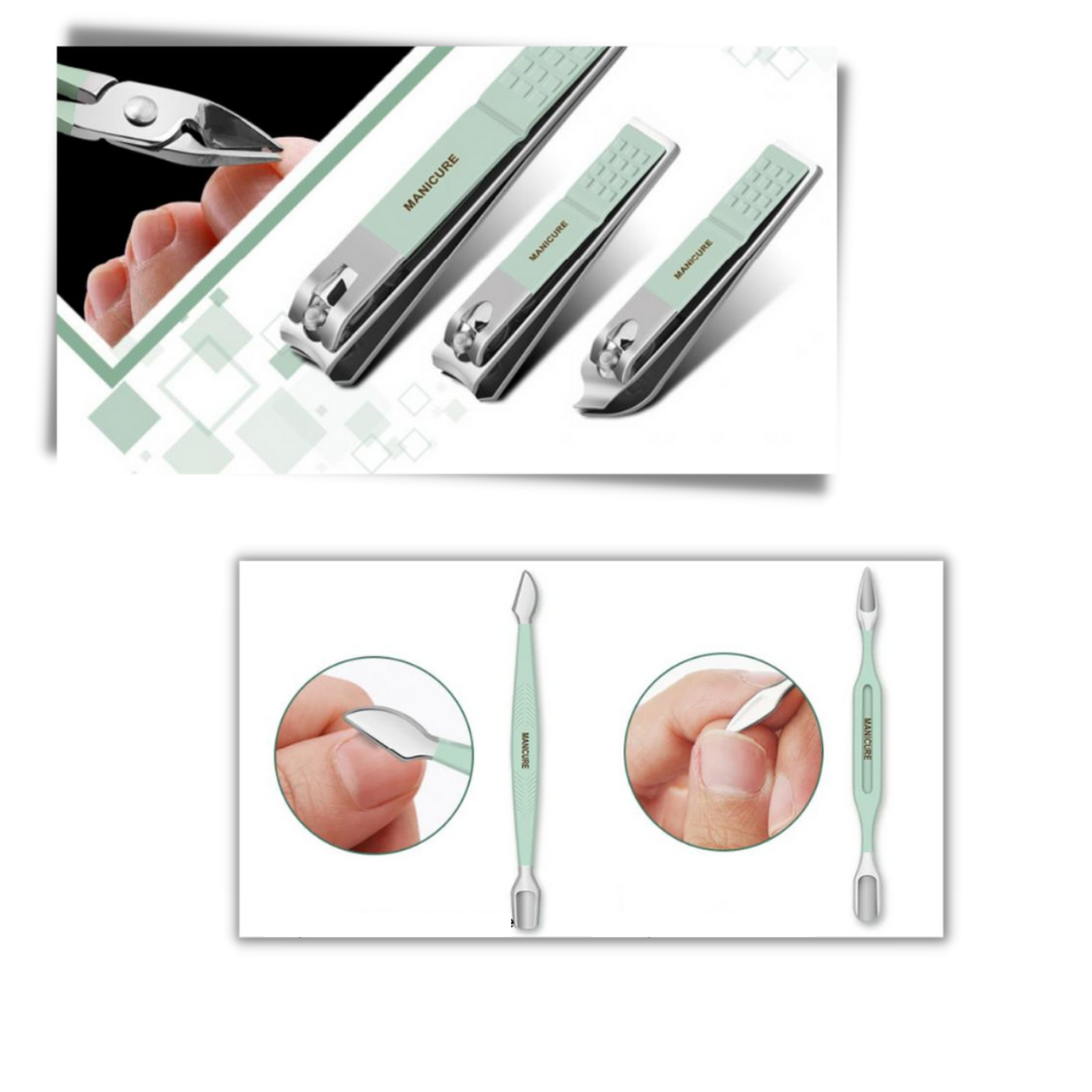 Conjunto de manicure portátil da Nafxzy com 12 peças em estojo verde-menta, ideal para cuidados de beleza em viagem.