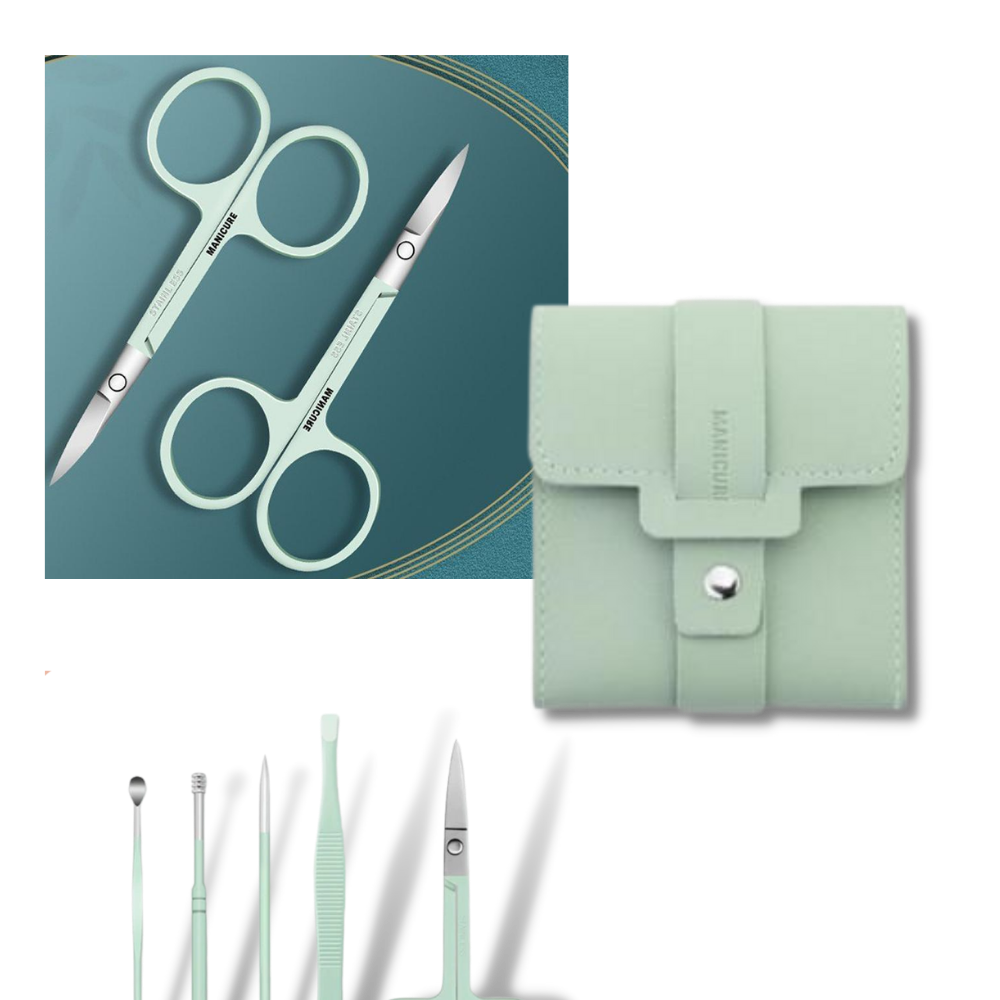 Conjunto de manicure portátil Nafxzy com 12 peças em embalagem verde-menta, ideal para cuidados com as unhas.