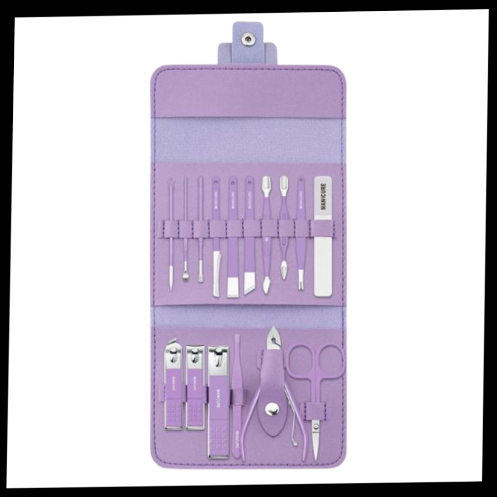 Conjunto de manicure portátil da Nafxzy com 12 peças de cosméticos na cor verde-menta, organizado em estojo compacto.