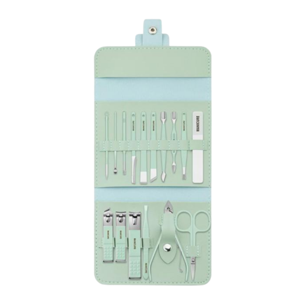 Conjunto de manicura portátil da Nafxzy com 12 peças em estojo verde-menta, ideal para cuidados com as unhas em viagem.
