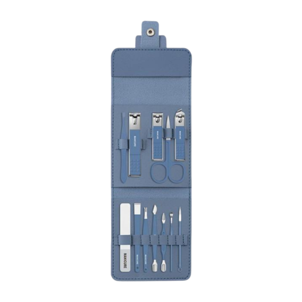 Conjunto portátil de manicure da Nafxzy com 12 peças em cor verde menta, ideal para cuidados de beleza em casa ou viagem.