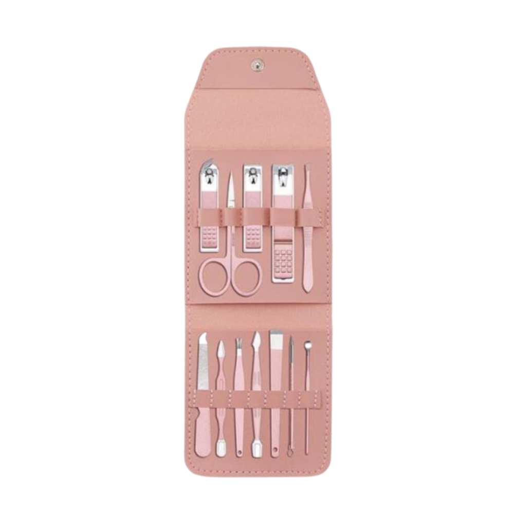 Conjunto de manucure portátil da marca Nafxzy com 12 peças, em embalagem verde-menta, ideal para cuidados com as unhas.