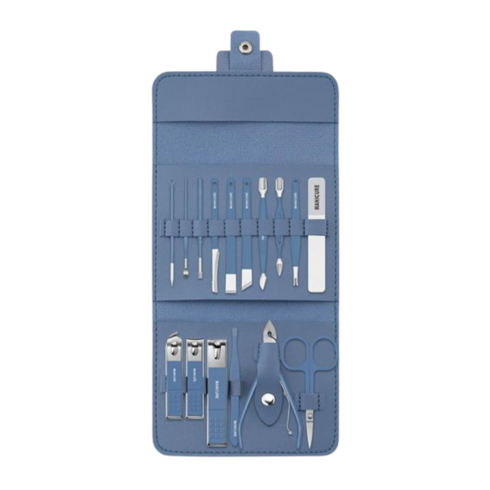 Conjunto portátil de cosméticos de manicure da Nafxzy com 12 peças em embalagem verde-menta, ideal para cuidados das unhas.