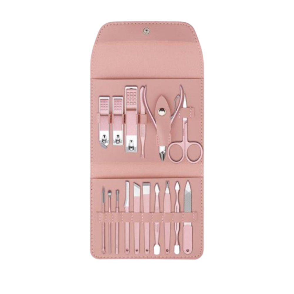 Conjunto de ferramentas de manicure portátil da Nafxzy com 12 peças em estojo verde-menta, ideal para cuidados com as unhas.