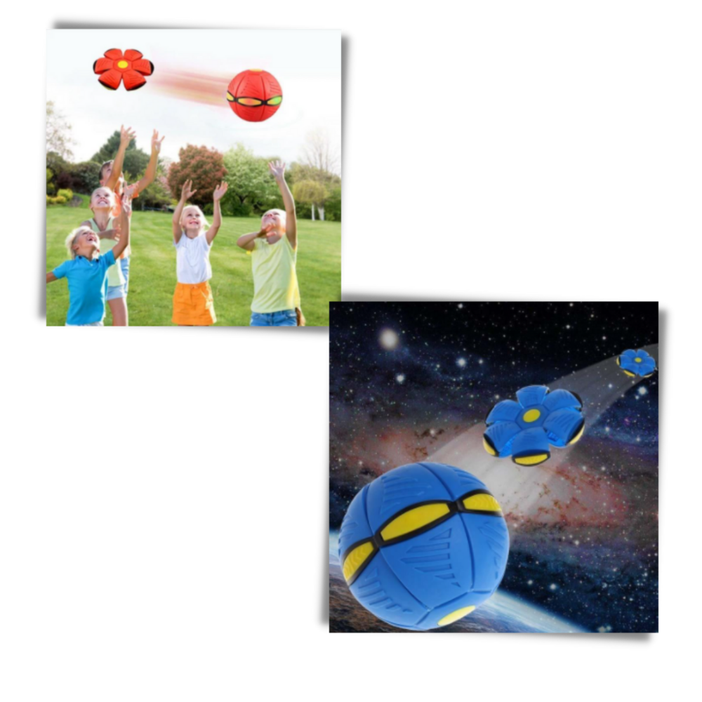 Balão mágico de OVNI da marca Namatu, brinquedo de atividade com formato de disco voador azul.