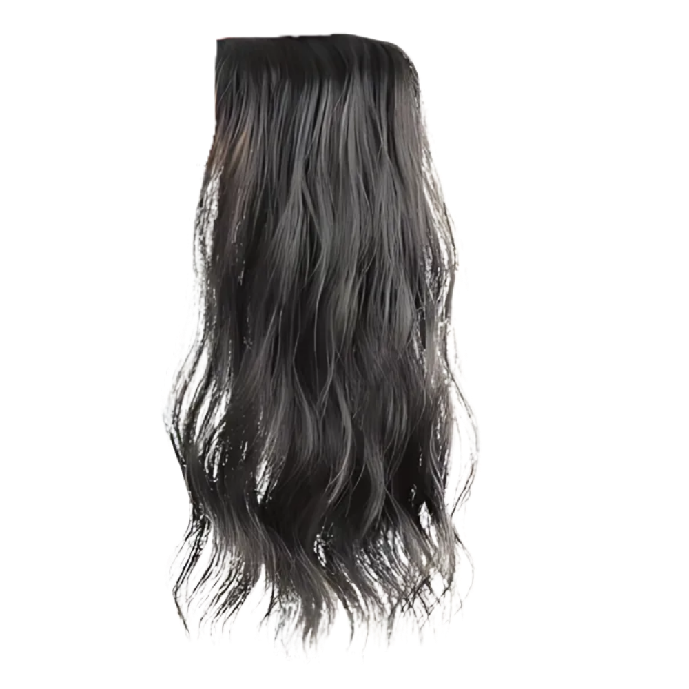Extensão de cabelo natural com clipes na cor marrom e preto, acessório para cabelo da marca Hairdo, penteado com fios naturais.