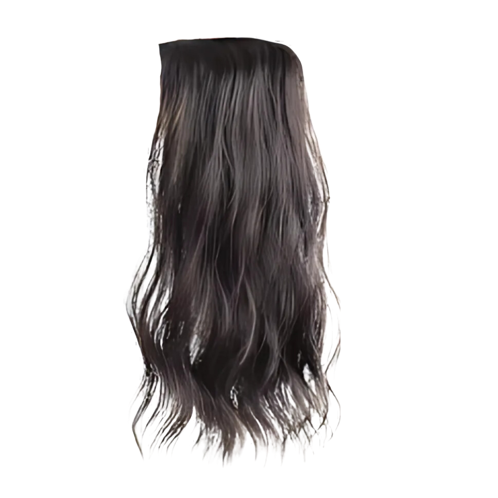 Extensão de cabelo natural com clips na cor castanho escuro, acessório para cabelos da marca Hairdo, mãos segurando a extensão