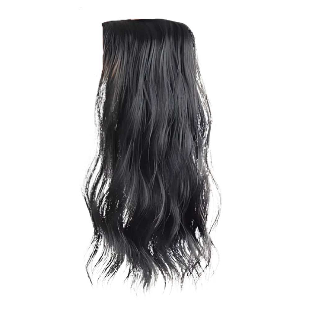 Extensão de cabelo natural a clips da marca Hairdo, feita de cabelo preto ondulado e entrelaçado naturalmente.