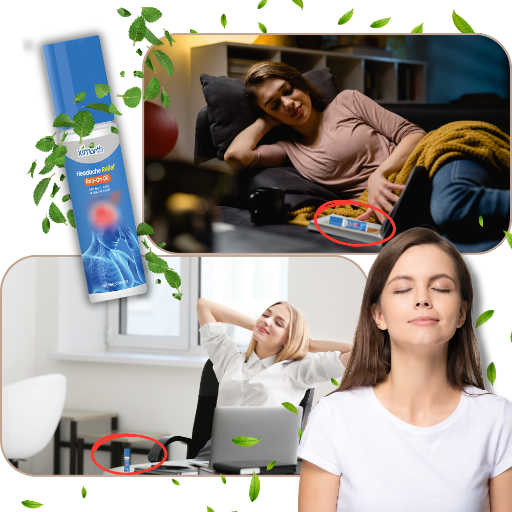 Óleo essencial calmante para dores de cabeça da marca 21 Drops, frasco com gotas e ingredientes naturais visíveis.