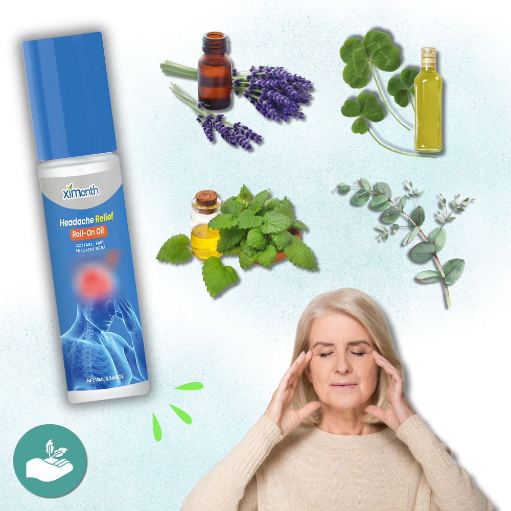 Óleo essencial calmante da 21 Drops para dores de cabeça, frasco com gotas e ingredientes naturais visíveis na embalagem.