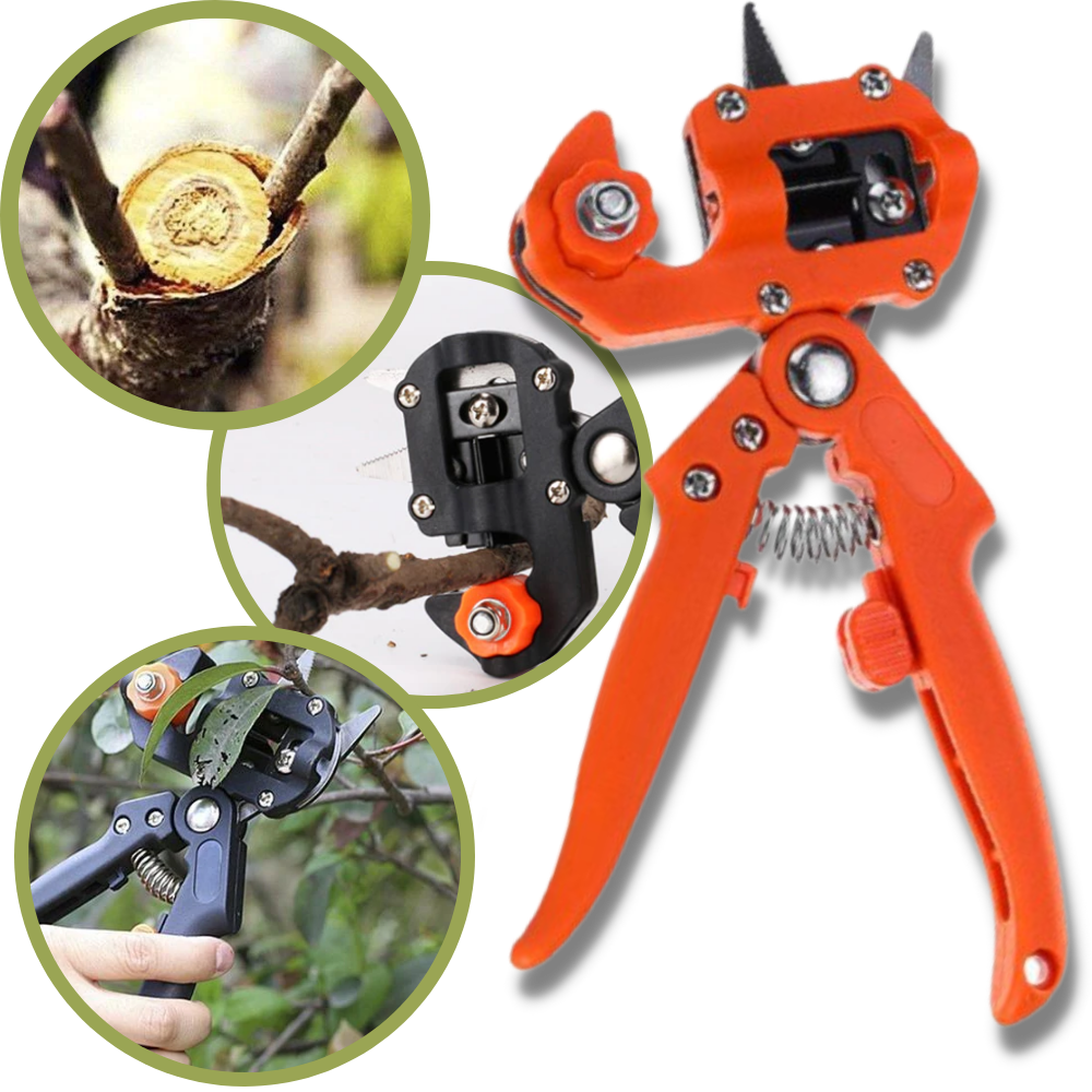 Sécateur de jardin Netjett noir et outil de greffage pour jardinage, avec poignées ergonomiques et lames tranchantes.