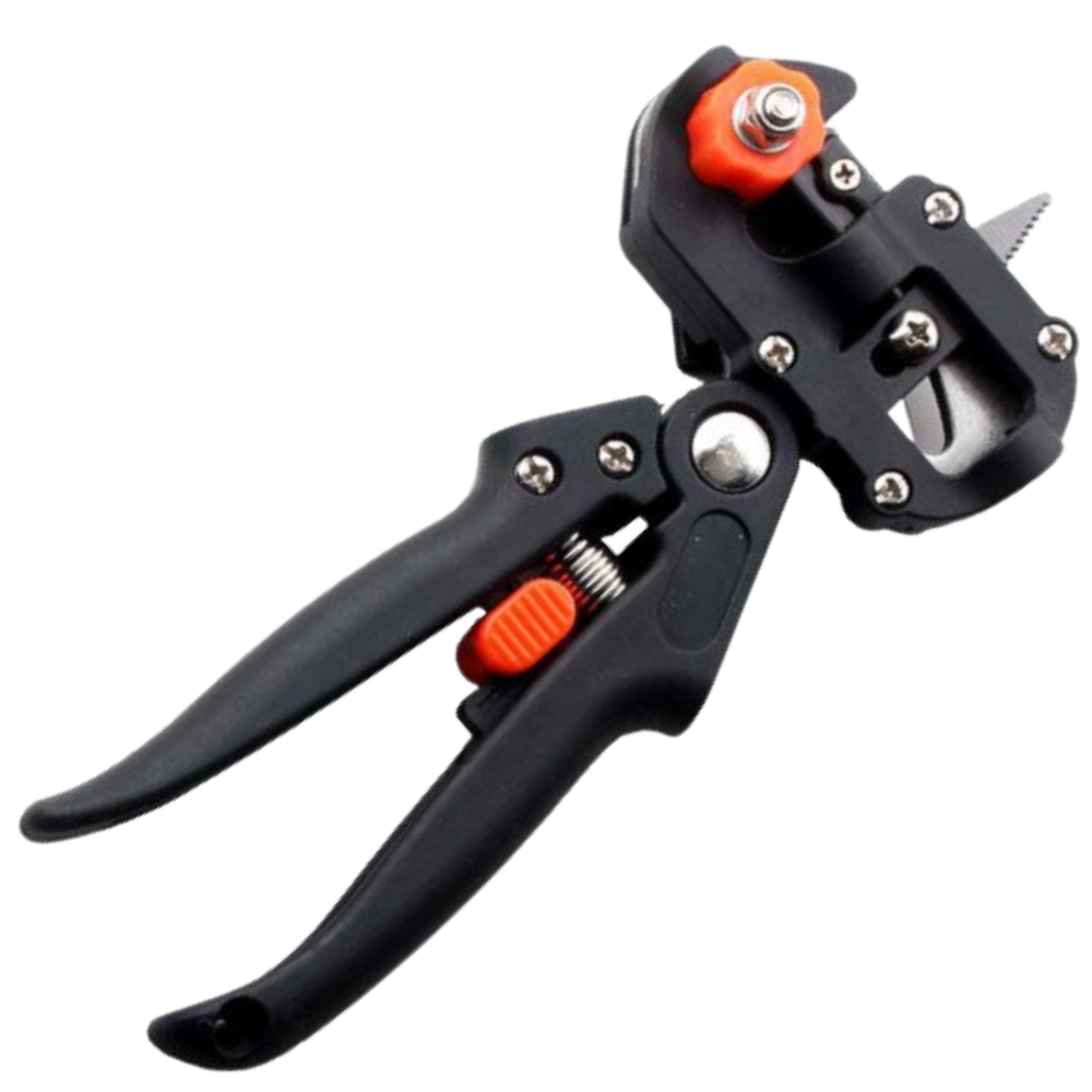 Sécateur de jardin Netjett noir et outil de greffage pour jardinage, avec lames tranchantes et poignée ergonomique.