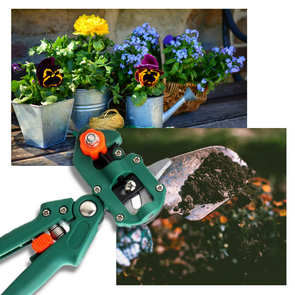 Sécateur de jardin Netjett noir et outil de greffage pour jardinage, avec lames en acier et poignée ergonomique.