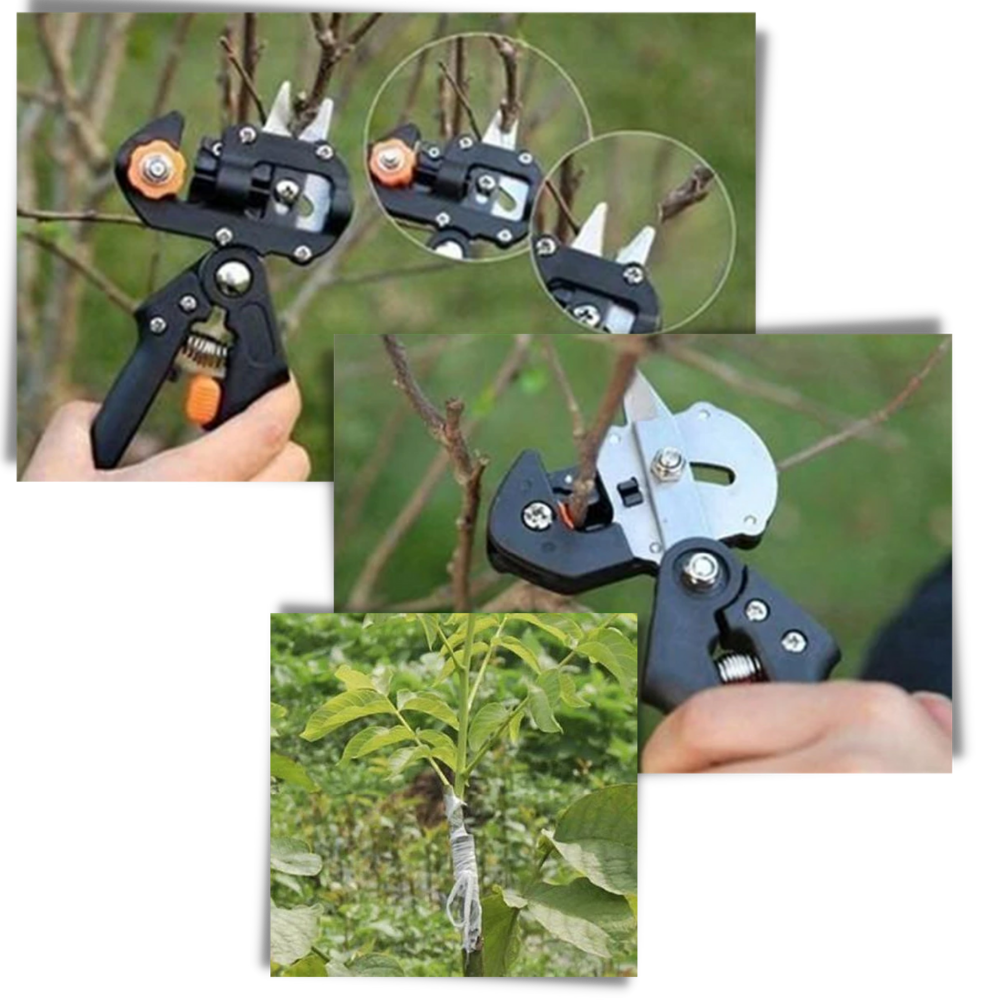 Sécateur de jardin Netjett noir et outil de greffage pour jardinage, avec lames tranchantes et poignée ergonomique.