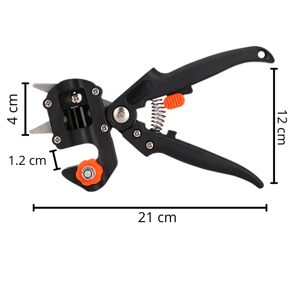 Sécateur de jardin Netjett noir et outil de greffage pour jardinage, avec lames tranchantes et poignée ergonomique.