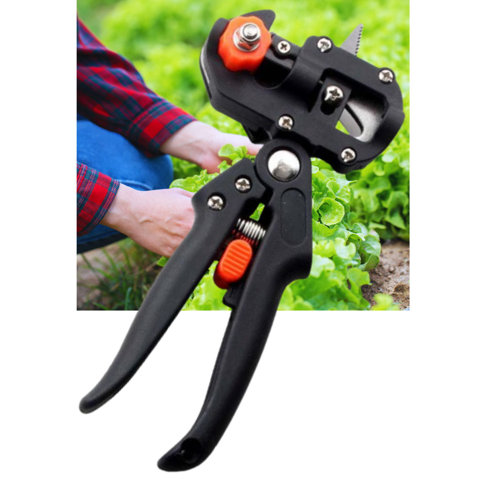 Sécateur de jardin Netjett noir et outil de greffage pour taille et jardinage, avec lames robustes et poignée ergonomique.