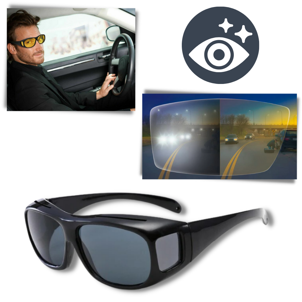 Óculos de sol WMtec para condução noturna, com lentes de clareza que melhoram a visão em ambientes escuros.