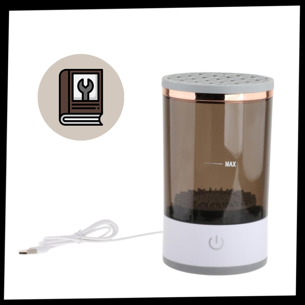 Pincel de maquiagem sendo limpo por nettoyeur de pinceaux elétrico Nogis, dispositivo recarregável e rápido para cosméticos.