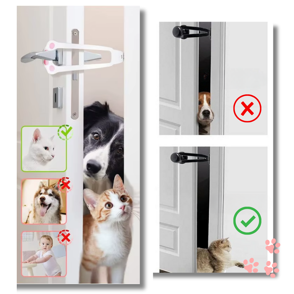 Loquet de porta inovador para gatos da Nogis, com design branco e laranja, fácil de usar para manter seu gato seguro.