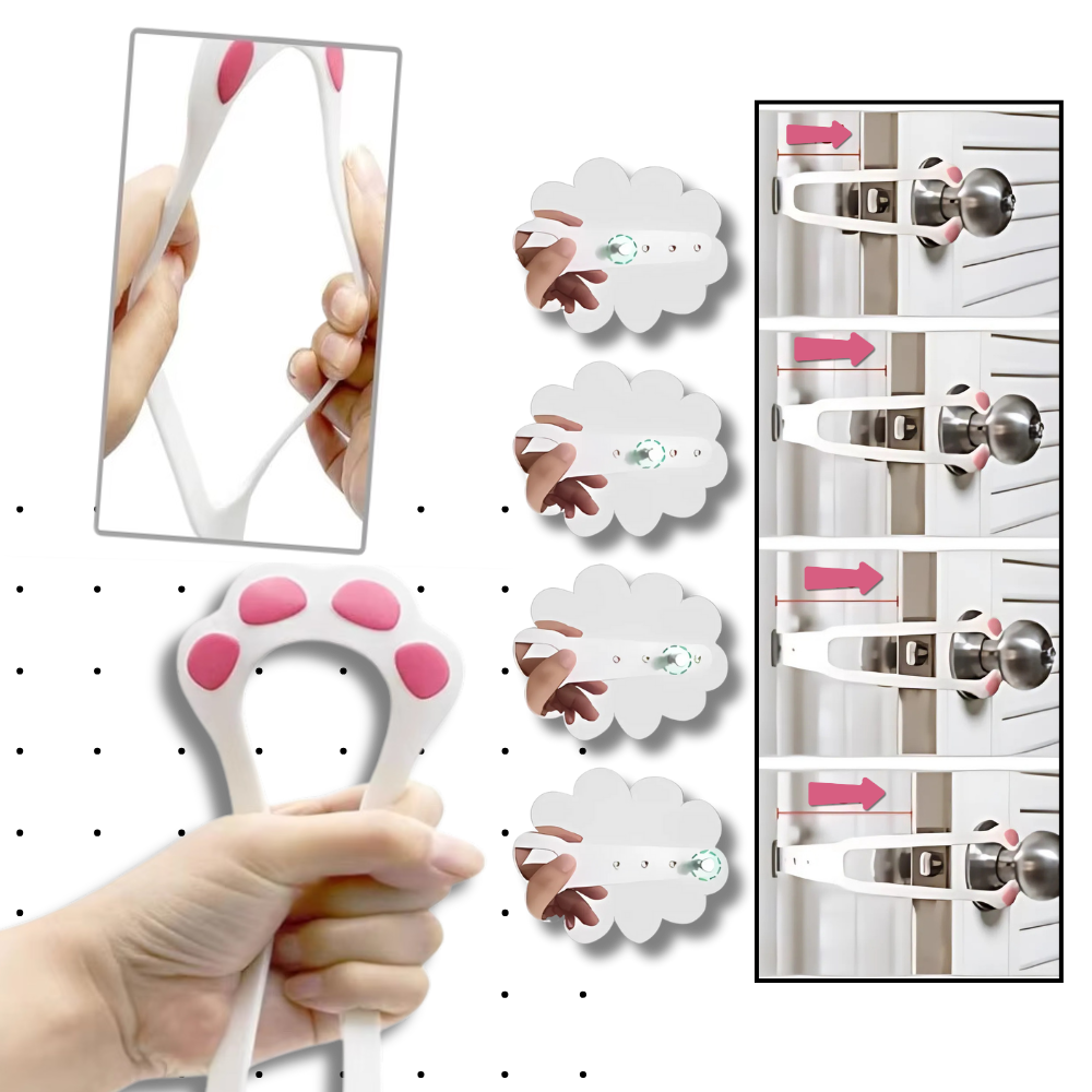 Loquet de porta inovador para gatos Nogis, branco e laranja, com mecanismo seguro para manter os gatos dentro ou fora.
