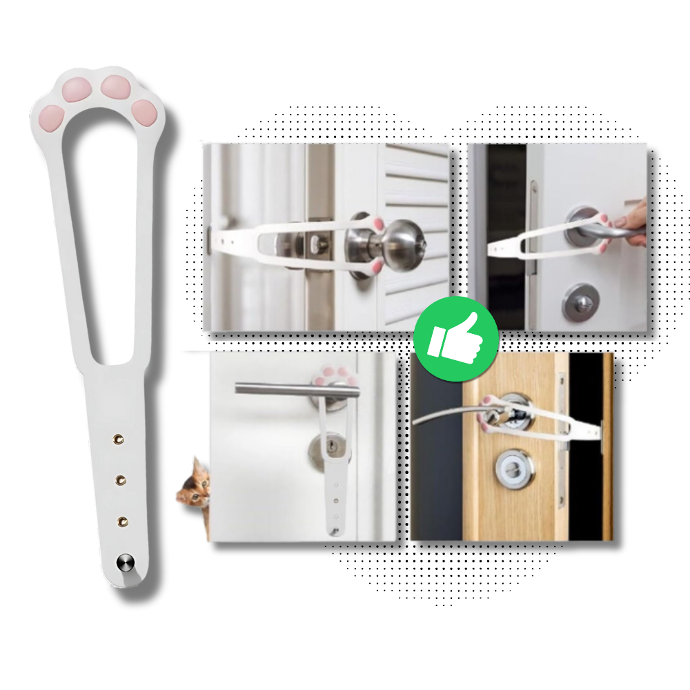 Loquet de porta Nogis para gatos, inovador, em branco e laranja, com design seguro para manter gatos fora de ambientes.