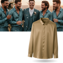 Chemise masculina em seda mesclada, sem passar, da Ozerty France, vista frontal com detalhes de gola e botões.