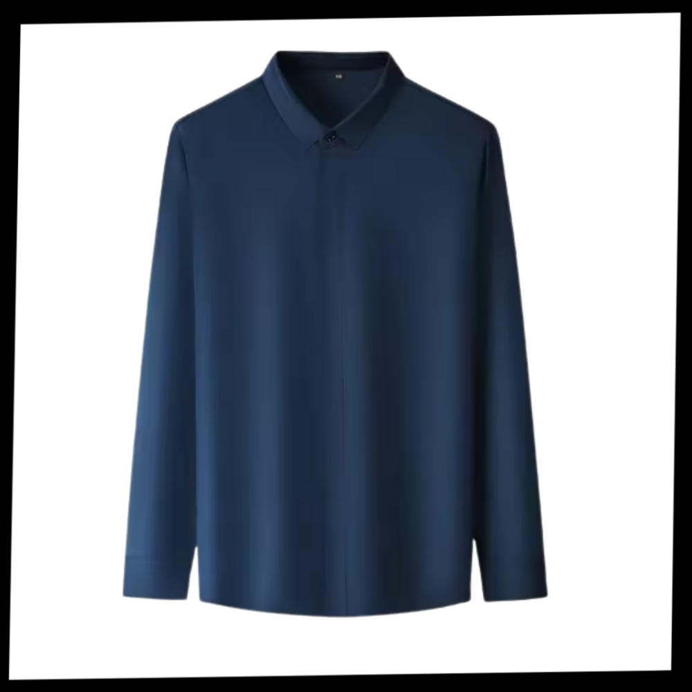 Camisa masculina de seda mesclada, sem passar, da Ozerty França, vista de frente com gola e botões visíveis.