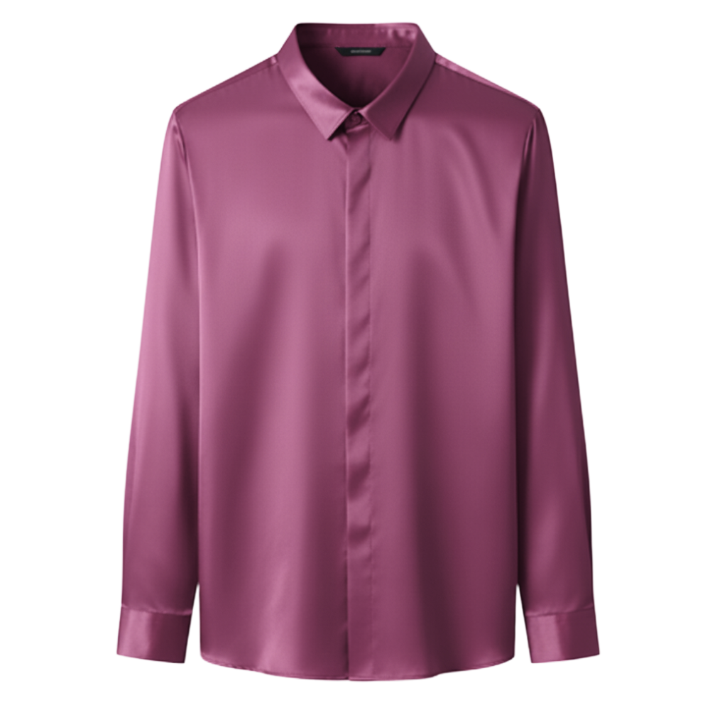 Camisa masculina em seda mesclada, infroissável, da Ozerty França, em tom rosa avermelhado, com tecido leve e confortável.