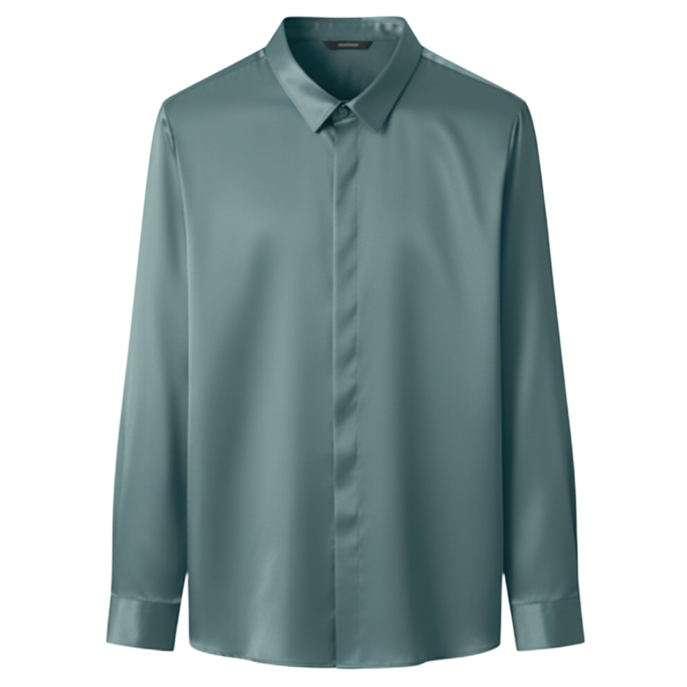 Chemise masculina de seda mesclada infroissável na cor verde-oliva, modelo da Ozerty France com tecido não amarrotado.