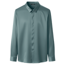 Chemise masculina de seda mesclada infroissável na cor verde-oliva, modelo da Ozerty France com tecido não amarrotado.