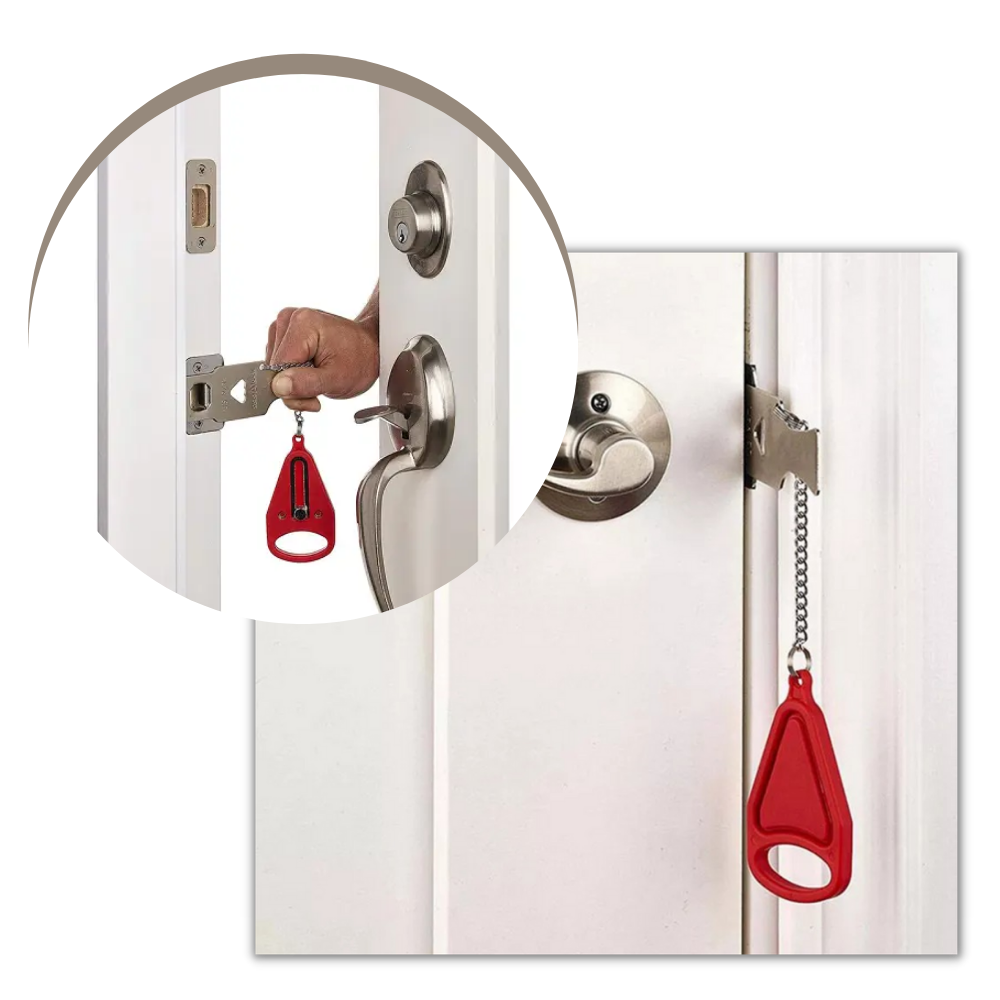 Serradura de porta portátil Norsk, trava resistente para segurança temporária, com chave e mecanismo compacto.