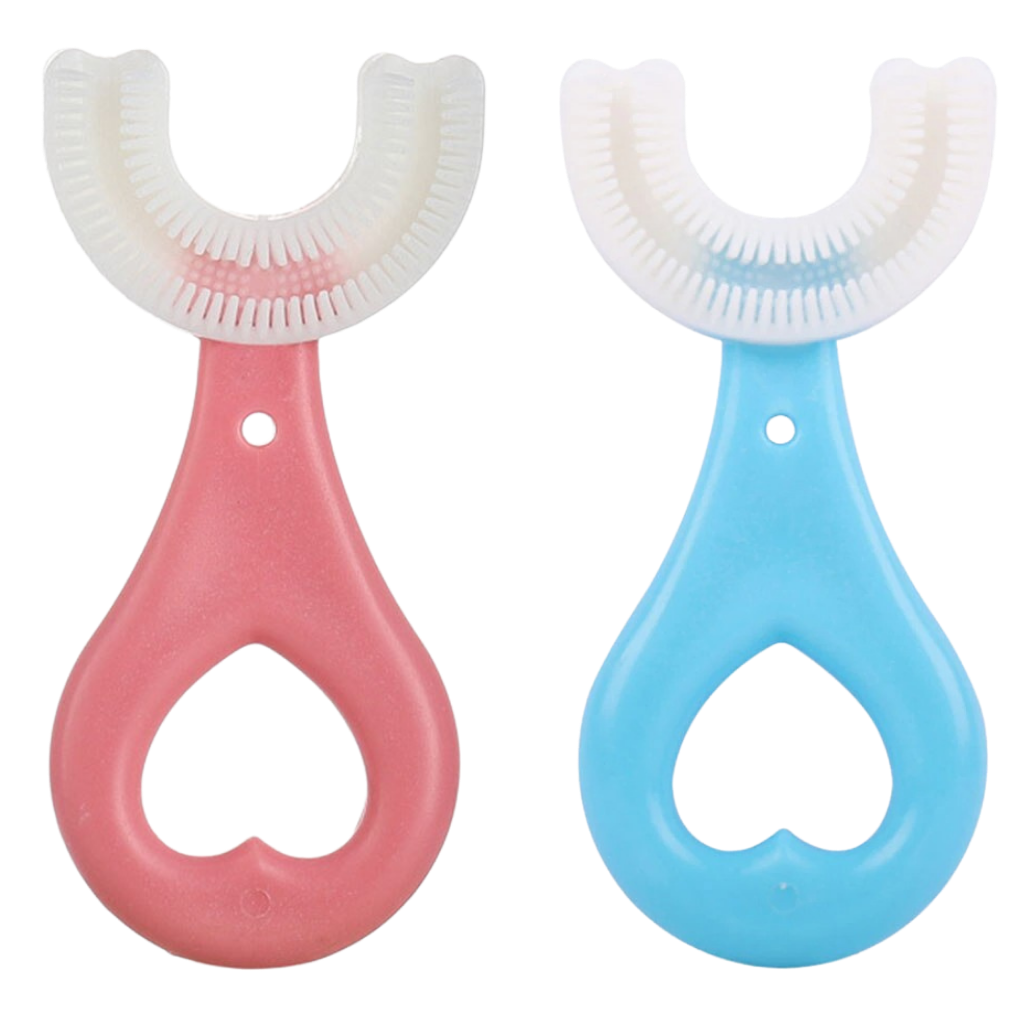 Pacote com 2 escovas de dentes em forma de U para crianças de 2 a 6 anos, marca Nowsnde, com cerdas coloridas e ergonomicas.