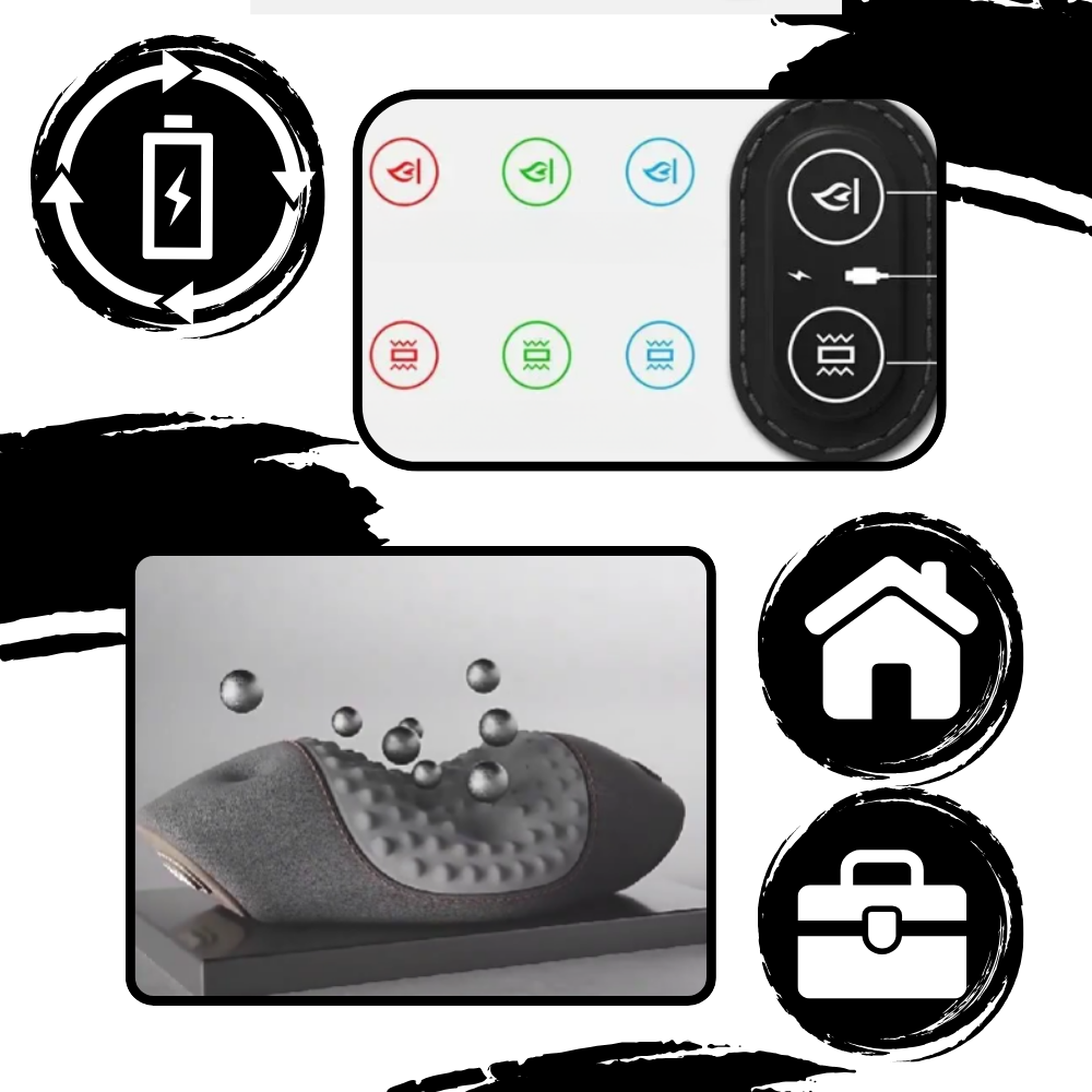 Coussin térmico Nursal para relaxamento cervical, massageador anti-douleurs em tecido cinza escuro, ideal para alívio de dores.