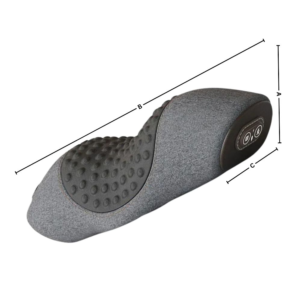 Coussin térmico Nursal para dores cervicais, de cor cinza escuro, usado para massagens e relaxamento.