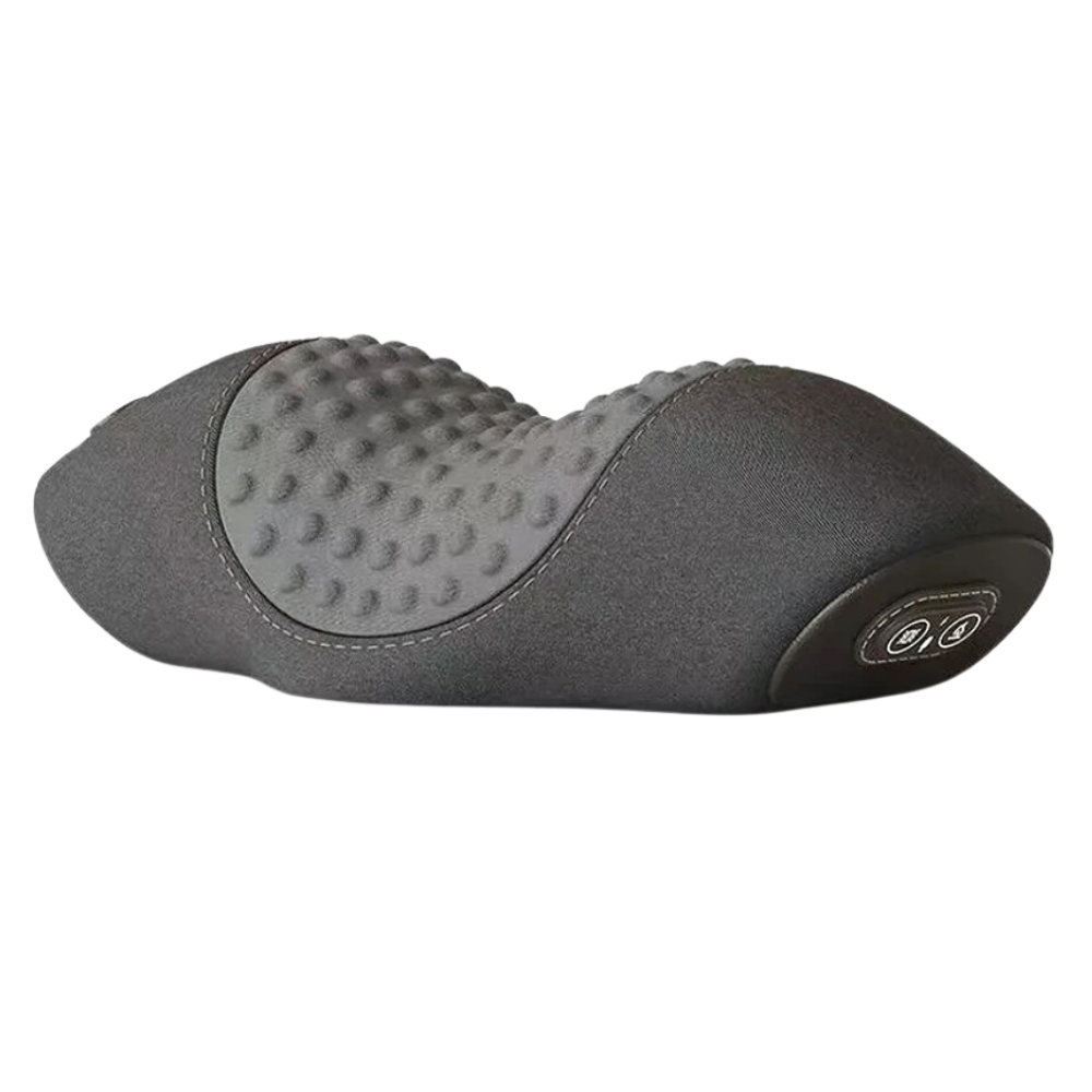 Coussin térmico Nursal para aliviar dores cervicais, em tecido cinza escuro, ideal para massagem e relaxamento.