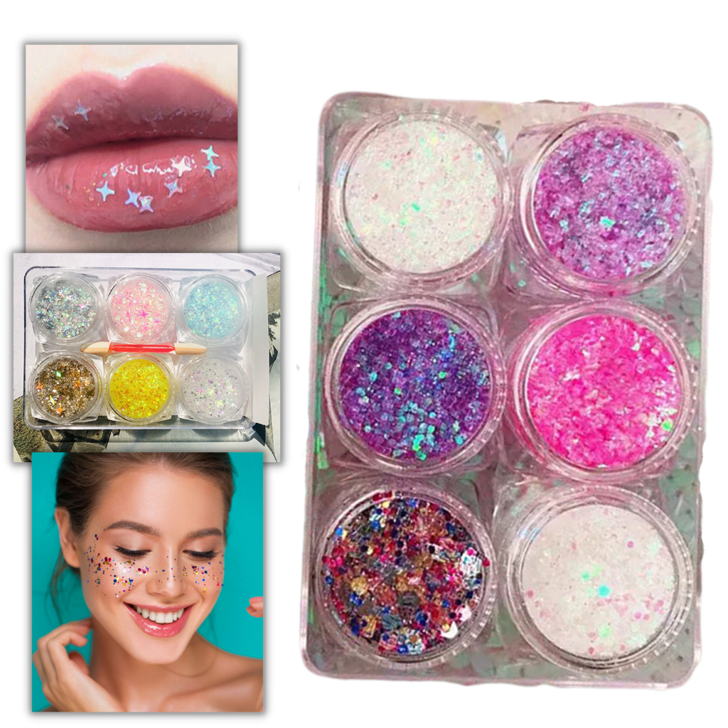 Conjunto de paillettes para rosto e corpo da Nyxberryt, com brilho dourado e prateado, ideal para maquiagem e festas.