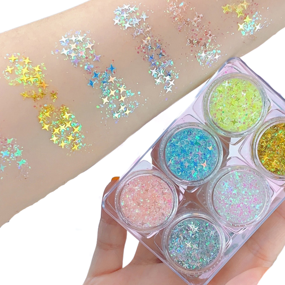Conjunto de paillettes para rosto e corpo da Nyxberryt, brilho colorido, cosméticos com glitter para maquiagem e destaque facial.