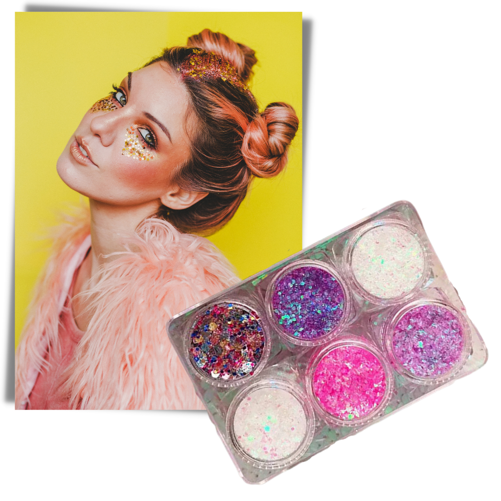 Conjunto de paillettes para rosto e corpo da marca Nyxberryt, com brilho dourado e prateado em embalagem de cosméticos.