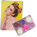 Conjunto de paillettes para rosto e corpo da marca Nyxberryt, com brilho dourado e prateado em embalagem de cosméticos.