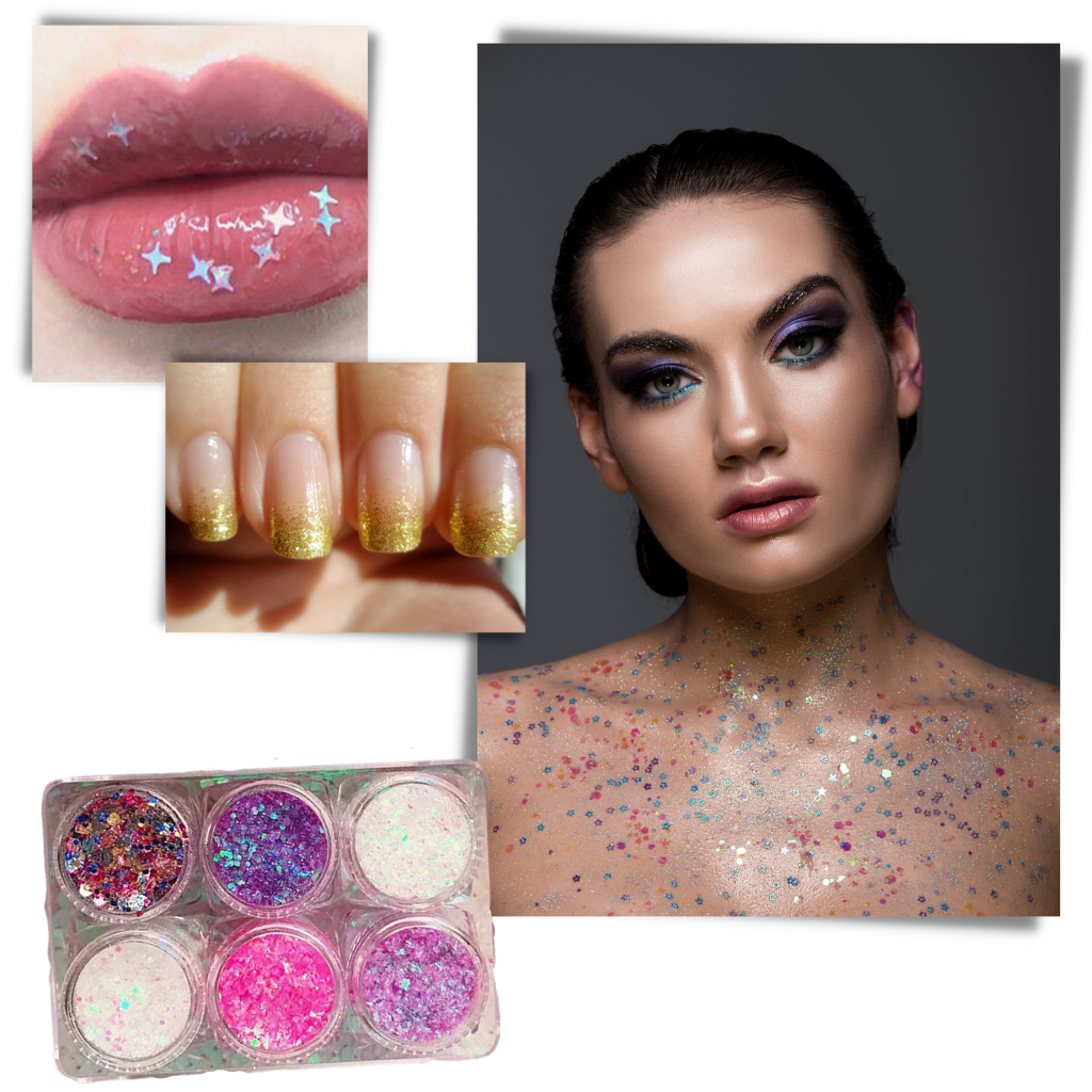 Conjunto de paillettes para rosto e corpo da marca Nyxberryt, com brilho prateado e diversas partículas refletoras.