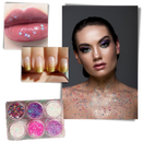 Conjunto de paillettes para rosto e corpo da marca Nyxberryt, com brilho prateado e diversas partículas refletoras.