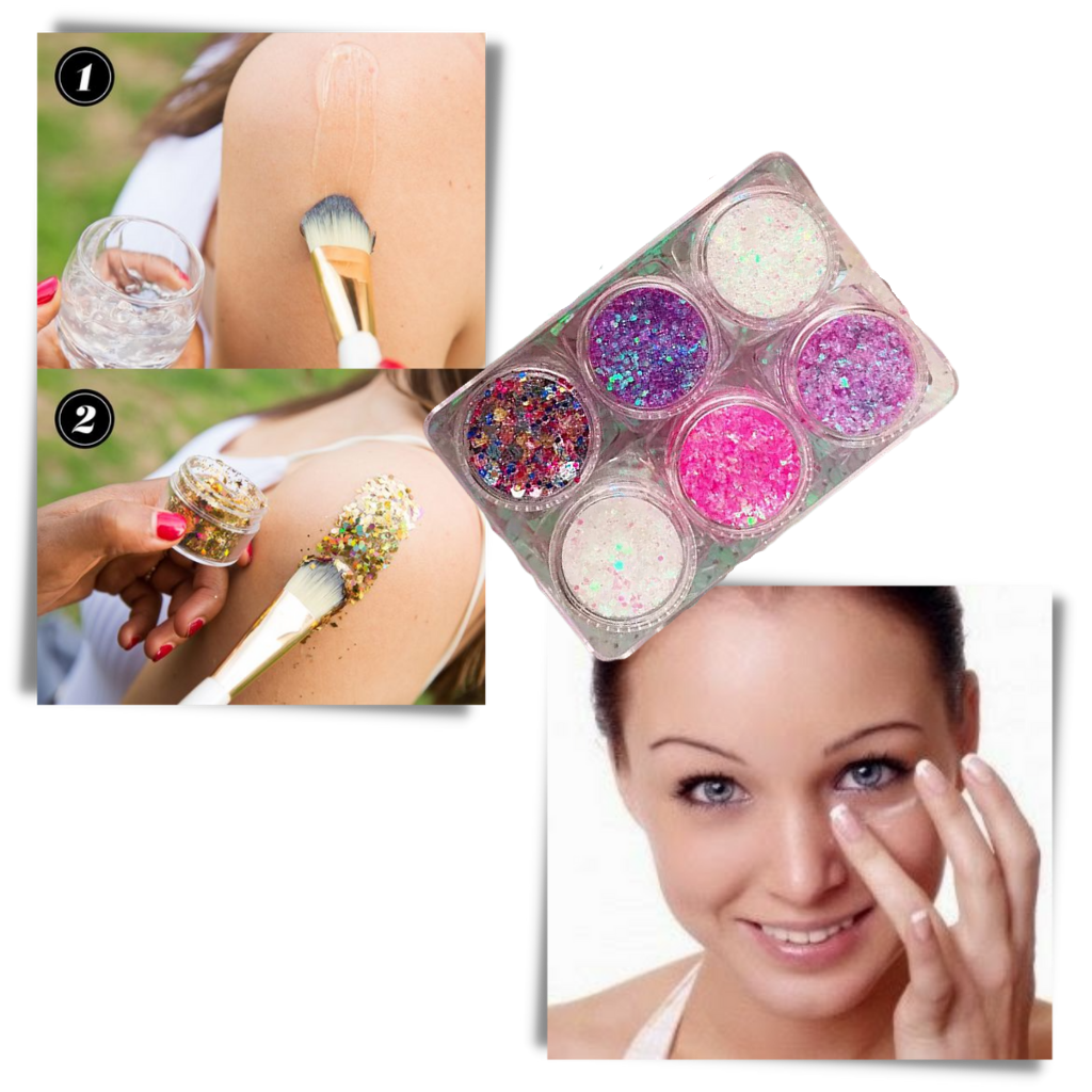 Set de paillettes Nyxberryt para rosto e corpo, com cores brilhantes e acabamento cintilante em embalagem de cosméticos.