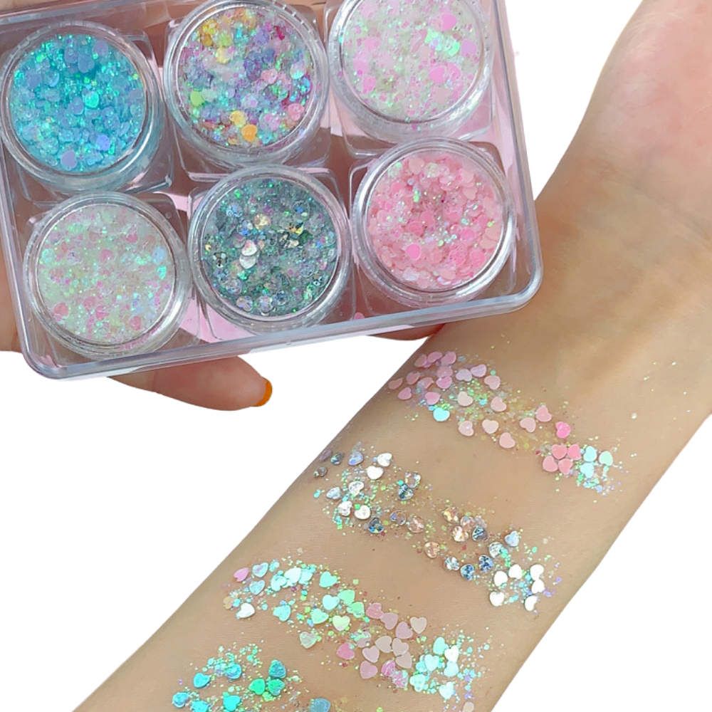 Conjunto de paillettes para rosto e corpo da marca Nyxberryt, com brilho dourado e prateado, ideal para maquiagem e festas.
