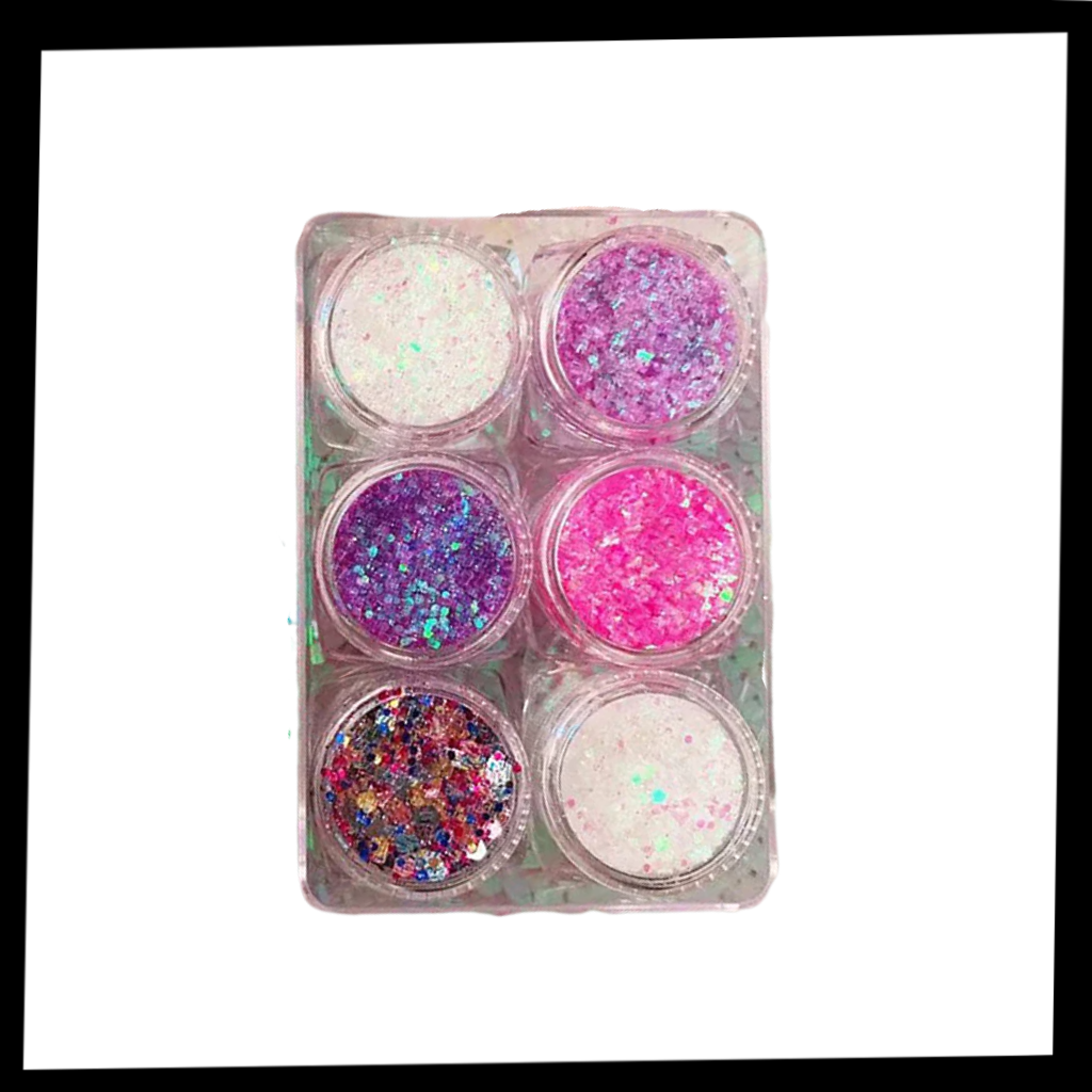 Conjunto de paillettes para rosto e corpo da marca Nyxberryt, com brilho e cores variadas para maquiagem e decoração corporal.